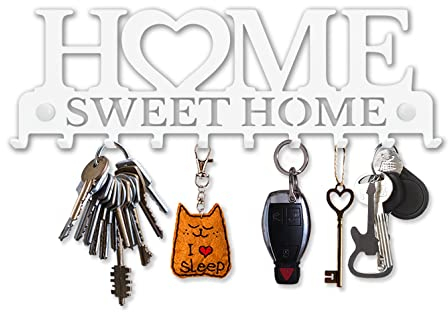 SirHoldeer Schlüsselbrett Home Sweet Home, Schlüsselboard Weiss mit 10 Haken, Schlüssel Aufbewahrung, Schlüsselhaken Modern, Schlüsselhalter Wand, Key Holder Wall, Wanddeko Flur, Metall Deko