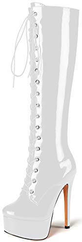 Soireelady Donne Moda Stivali Ginocchio Stiletto Heels, 15CM Stivali con Tacco Alto Plateau, Sexy Stivali Invernali, Stivali Stringati con Punta Tonda Bianca EU36