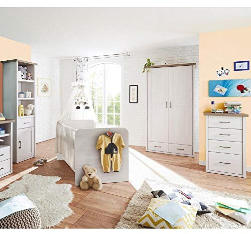 Lomadox Babyzimmer Kombination im Landhaus Design in Pinie weiß Nb./Trüffel Eiche Nb.