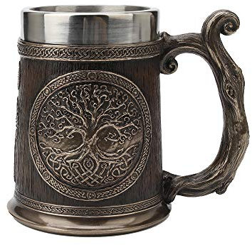Veronese Design 14 cm hoch, kaltgegossenes Kunstharz, antikes Bronze-Finish, keltische Knoten, Baum des Lebens, Sarg, Bierkrug (Edelstahlbecher), Wikinger-Heimdekoration