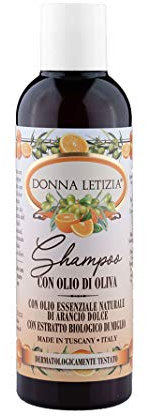 DONNA LETIZIA Shampoo con Olio D’Oliva. Profumato con Olio Essenziale Naturale di Arancio Dolce. Shampoo per Donna, Uomo e Bambini. Dermatologicamente Testato 200ml Made in Tuscany
