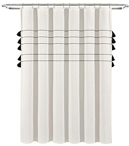 Lush Decor Farmhouse Boho Streifen gewebte Quaste Garn gefärbte Baumwolle Duschvorhang 183 x 183 cm Elfenbein
