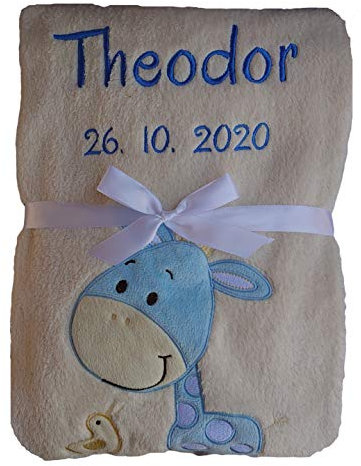 Wuff-Dogsworld Babydecke viele Farben & Motive mit Namen/Geburtsdatum Bestickt Geschenk Baby (beige Giraffe blau)