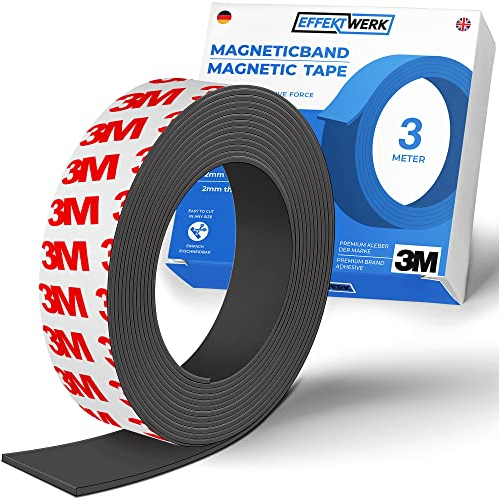 EFFEKTWERK Rouleau de ruban magnétique (3 mètre), bandes magnétiques extra épaisses et larges avec support autocollant solide, facile à couper et à coller sur des surfaces planes