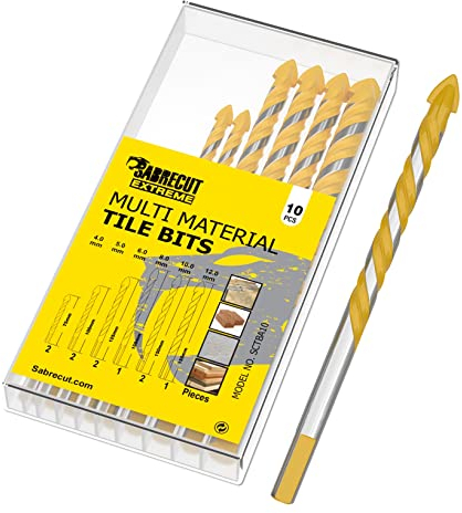 10 x SabreCut SCTBA10 Multi-Material Tile Drill Bits Set for Ceramic Porcelain Granite Marble with Durable Storage Box
