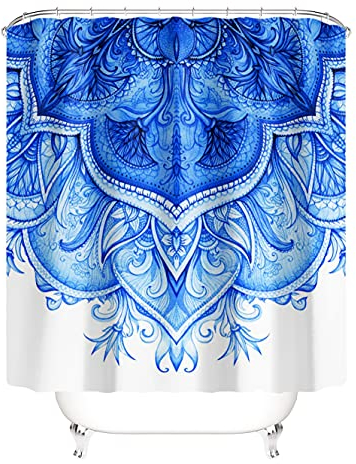 M&W DAS DESIGN Duschvorhang Mandala Pflanzen Textil Blumen Boho Vorhang Schimmelresistent Flora hellblau Blätter Orientalisch Stielvoll inkl. 12 C-Ringe Gewicht unten