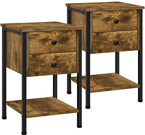 Yaheetech Bedside Table Set of 2, Industrial Side Table with 2 Drawers and Open Compartment,Bedside Cabinet Nightstand Storage Unit for Living Room/Bedroom/Office, 40 x 40 x 61 cm,Rustic Brown
