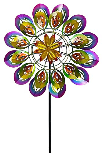 zeitzone Doppelwindrad Sonnenblume Windrad Bunt doppelt Gartenstecker Windspiel 185cm