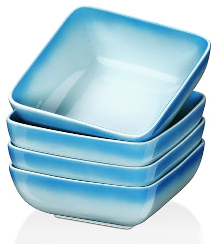 LOVECASA 4 Pcs Bols à Céréales en Grès, Ensemble de Bol à Soupe/Salade 800ml pour Petit Déjeuner - Va au Micro-Ondes - Bleu Ciel dégradé