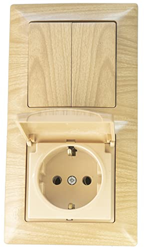 Gunsan Enchufe combinado Visage con doble soporte de serie, interruptor de protección de contacto, enchufe con tapa empotrada, aspecto de madera, ácorno
