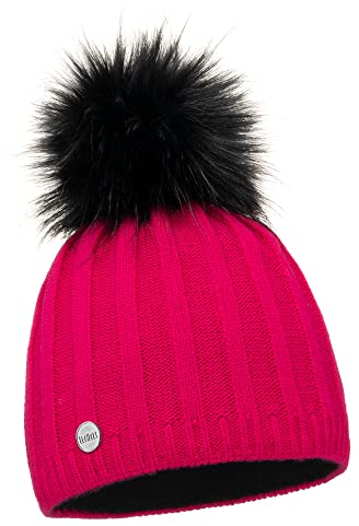 ELIMELI Mütze Damen Winter warme Strickmütze Wollmütze mit Kaschmir Wintermütze mit Kunstfell Bommel Slouch Strick Beanie Damen für Winter Bommelmütze Hergestellt in EU (Amaranth)