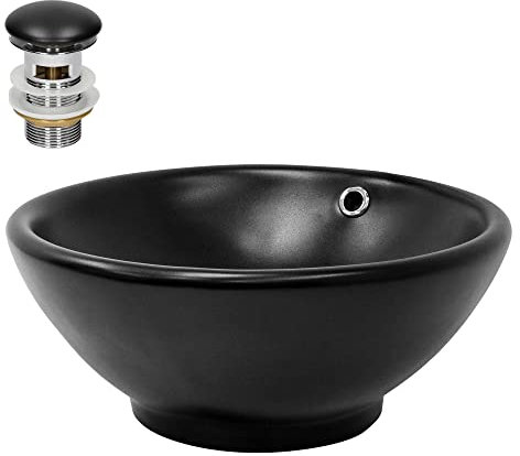 ML-Design Lavabo da Appoggio in Ceramica Nero Opaco Ø 42 x 17 cm Lavandino Rotondo Design Moderno Lavamani con Foro di Scarico e Troppopieno Piletta Lavello Elegante Sanitari per Bagno Toilette WC