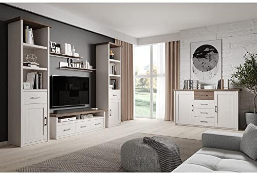 Lomadox Wohnwand Wohnzimmer im Landhausstil in Pinie weiß Nb./Trüffel Eiche Nb., B/H/T: ca. 298/201/43 cm