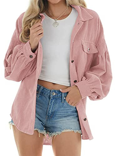 NLAVW Damen-Cordhemd mit Knopfleiste Damen-Oversized-Langarmjacke Bluse Oberteile Cordhemd Cordjacke,Rosa,XXL