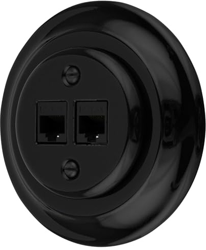 Unterputz Porzellan Retro Netzwerkdose CAT.5E 2-fach, All-in-One, Serie PR1 schwarz