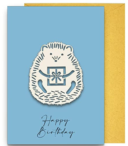 Woodland Mail Niedliche Geburtstagskarte mit hölzernem Igel als Andenken auf der Vorderseite (Igel mit Geschenk)