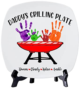 Personalisierte Daddy's Grillplatte mit Kindernamen Kinderkunst DIY Handabdruck Servierplatte Familie BBQ Teller Vatertag Zuhause Display Platte für Papa Opa Ihn (DIY Handabdruck Grillplatte - 4)