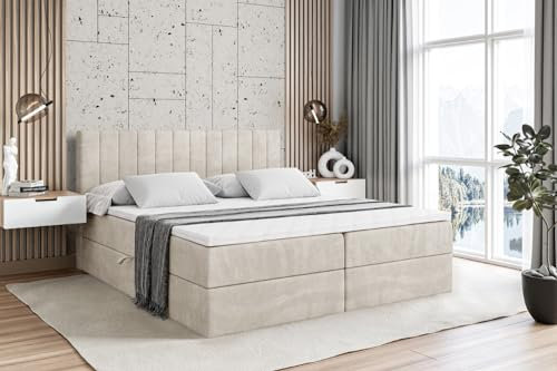 ALTDECOR Boxspringbett mit Matratze und Lattenrost, Boxbett, Topper, Polsterbett mit Bettkasten, Bett mit Stauraum H4-Matratze, Doppelbett, Springboxbett - Edita - 180x200 - Beige Monolith 04