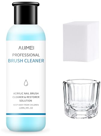 AIJIMEI Nail Brush Cleaner Preserver & Restorer Gel Nail Brush Cleaner Solution Clean Manicure Brushes Set B with Glass Cup & Cleaning Cotton Pads for Nail Art Brushes 120ml