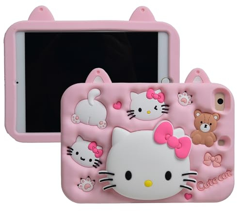 Cartoon Case for iPad Air 1/2 iPad 9.7 2017/2018，MONEHOYSY Cute Soft Silicone Kickstand [Drop Proof,Shock Proof,Anti Slip] Back Stand Cover Case for Kids Children Teens Girls Boys (Kitty-1)