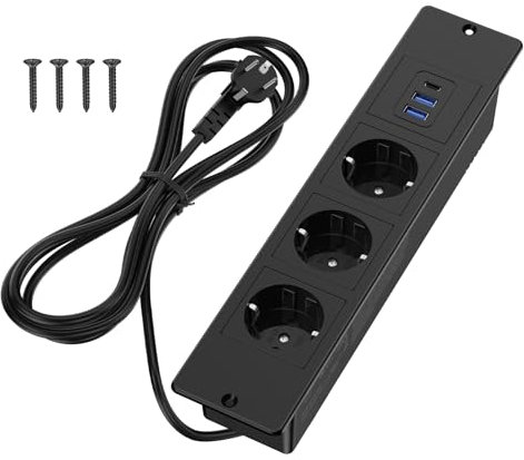 Tischplatte Versenkbare Steckdose mit 2 USB und 1 Type-C, Einbausteckdose Steckdosenleiste 3-Fach mit 2m Kabel, Tischsteckdose für Tischplatte oder Arbeitsflächen - Schwarz