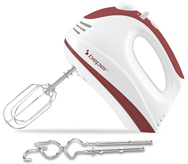 BEPER P102SBA101 Sbattitore elettrico 300W, Frusta elettrica con 2 fruste, 2 torciglioni, 5 velocità e funzione turbo, Impugnatura ergonomica, Bianco/Rosso