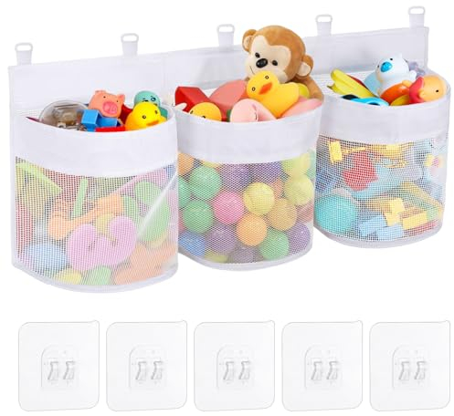 Ksvaye Bolsa Juguetes Bañera Red de Juguetes para Colgar de Ducha Organizadores de Juguetes Baño con 5 Ganchos Autoadhesivos Red de Almacenamiento para la Bañera (Blanco)