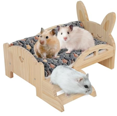 Meerschweinchen Hängematte Holz mit Kaninchenbett, Kaninchen Bett, Meerschweinchen Bett Matte, Meerschweinchen Versteck mit Treppen, Fleece Plüschbett (1* Bett Holz+1* Zyanfarben Plüschbett)