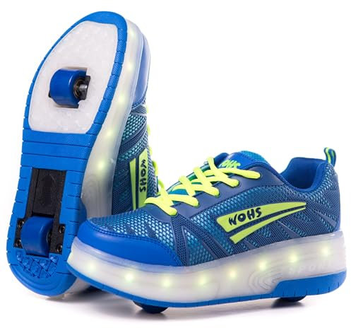 WOHS Turnschuhe mit Zwei Rädern und LED-Leuchten. Wiederaufladbar, 16 Lichteffekte. Automatisches Hinterrad. Blau/Grün. Größe 36