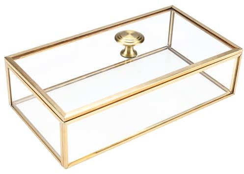 Homtone 20x11x6cm Kupfer Goldene Vintage Glasbox mit Abdeckung, Dekorative Schmuck Andenken Display Organizer Klare Rechteck Goldene Box für Hochzeitsfeier Dekor mit offenem Deckel