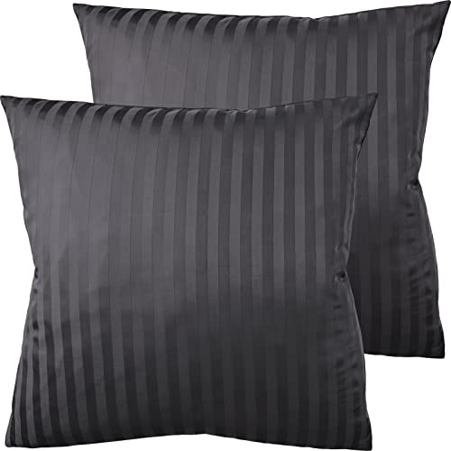 Pure Label 2er Set Mako Satin Damast Streifen Kopfkissenbezüge 80x80 cm aus 100% Baumwolle in dunkelgrau| Traumhaft weiche Kissenbezüge passend zu unseren Bettwäsche Sets