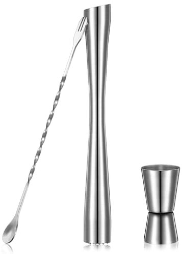 Fiada Ensembles d'Accessoires de Bar Pilon à Cocktail en Acier Inoxydable avec Cuillère à Mélange Doseur à Cocktail Kit Shaker à Cocktail pour Maison Cuisine Boissons Broyage de Glace