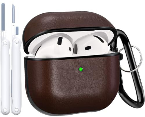 V.R.HOPE Hülle Kompatibel mit AirPods 4, Leder Stoßfester Schutzhülle mit Cleaner Kit & Karabiner, Echtleder Kopfhörer Case Airpods 4 Generation 2024 für Männer Frauen- Dunkelbraun