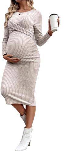 SISAY Robe de Maternité Col Rond Couleur Unie Manche Longue Retro Crayon Robe Pull Moulante en Tricot Midi Robe Moulante Femme Sexy Chic et Elegant Tunique Enceinte Vetement Grossesse et Allaitement