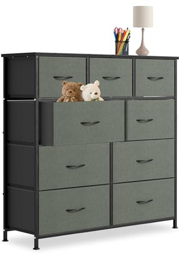 FIVMEN Kommode mit 9 Schubladen aus Stoff Schrank Sideboard Komodenschrank Vintage Grau Aufbewahrungsschrank Schubladenschrank für Wohnzimmer Schlafzimmer Flur