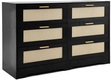 Generisch Rattan Kommode, Tv Schrank Vintage, Große Kommode Sideboard, Komode Schrank mit 6 Schubladen, Komodenschrank für Schlafzimmer, Wohnzimmer, Eingang, 120x40x77 cm (Schwarz)