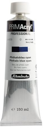 Schmincke - PRIMAcryl® - Pintura acrílica brillante de color azul ftálico cian, tubo de 150 ml, 13 439 019, pintura acrílica premium, pintura acrílica, calidad profesional