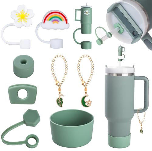 Yuecda 9 Pieces Stanley Cup Accessories, Including Silicone Protective Case, Leak-proof Plug Set, Straw Cover, Hanging Jewellery, Suitable for Stanley Cup 1.2L and 850ml (Shale)