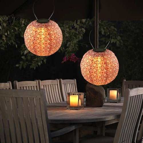 SKIKHN Lampion Solar Outdoor, 2 Stück 25cm So-lar LED Laterne Wetterfest Hängend, Lampions Led-Solar, Wetterfest Garten Lamp-ions S-olar für Hochtzeit, Draußen, Garten, Hof (A)