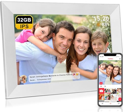 FRAMEO 32GB Cornice Digitale 10,1 Pollici WiFi, Schermo Touch IPS HD 1280x800, Presentazioni, Meteo, Teamperature, Tempo, Rotazione Automatica, Condivisione Istantanea delle Foto (Bianco)