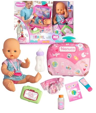 NENUCO - Travel Con migo, 30 cm Puppe mit hartem Körper mit Wickelkoffer, inklusive Gürtel für sicheren Transport und 6 Pflegezubehör, ab 2 Jahren, Famosa (NFNC9000)