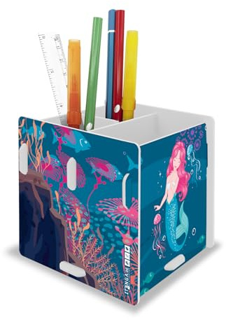 itenga Stifteköcher mit Motiv zum Zusammenstecken - 3 Fächer - Stiftehalter Kinder Schüler Schreibtisch Organizer Stiftebox - 10x 10 x 9,5cm (Motiv Meerjungfrau)
