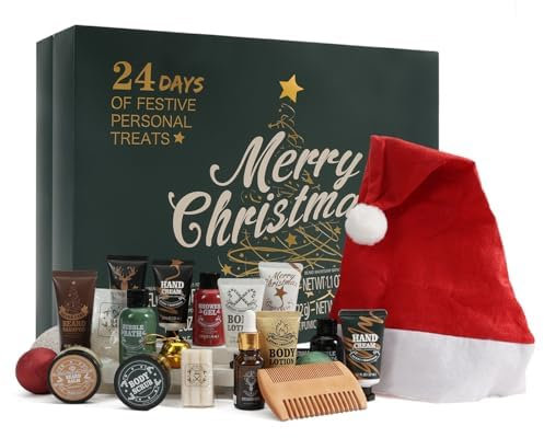 BODY & EARTH 2025 Adventskalender - Weihnachtsgeschenke Geschenkset mit 24 Badeset Pflegeset für Männer - Enthält verschiedene Duschschäume, Bartöl, Körperpeelings, wellness geschenke für Papa