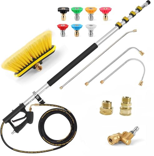 Hanured® Teleskopstrahlrohr hochdruckreiniger 6,4M, mit Dachrinnenreiniger, Bürstenkopf und 7 Düsenspitzen, für Wand-Dachrinne