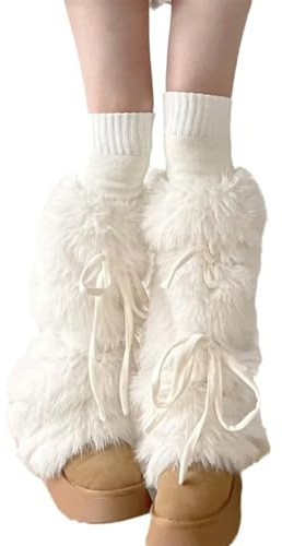 sodeber JK Mädchen Stiefelstulpen Beinstulpen Frauen Winter Warm Sweet Ribbon Bowknot Pelz Plüsch Weiß Abdeckung Lange Socken