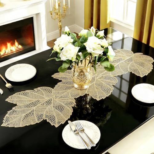 FAVE Goldfarben Kleiner Vinyl Tischläufer 90 cm | Waschbare Tischmatten, hitzebeständige Vinyl Tischdecke für Dinnerparty, Hochzeitsdekoration (Ahornblätter)