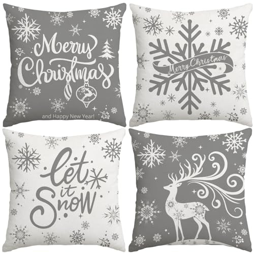 Miaikoe Frohe Weihnachten Kissen Abdeckungen 40x40cm Schneeflocken Lassen Sie es Schnee Elch Winterurlaub graue Kissenfälle für Weihnachten Urlaub Coach Sofa Dekorationen Set von 4