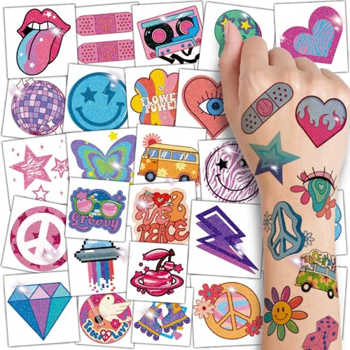 CHARLENT 74 Bögen Glitzer 70er Retro Temporäre Tattoos für Kinder | Flower Power Tattoos mit Smiley und Retro Motiven für Jungen und Mädchen, ideal für Partys, Kostüme und Kinderfeste