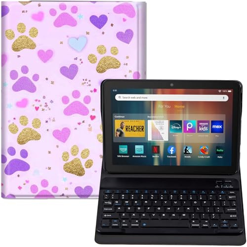 GYSYZJDH Keyboard Case for Fire HD 8 & HD 8 Plus (12th/14th Generation, 2024/2022 Release) – PU Leather Stand Cover with Detachable Bluetooth Keyboard, Cute Pink Paw Print Pattern Design