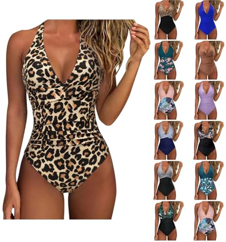 YGERGWE Women's One-Piece Swimsuits Tummy Control Swimming Costume Halter Neck V Neck Ruched Bathing Suit Ladies Slimming Monokini Beachwear for Holiday